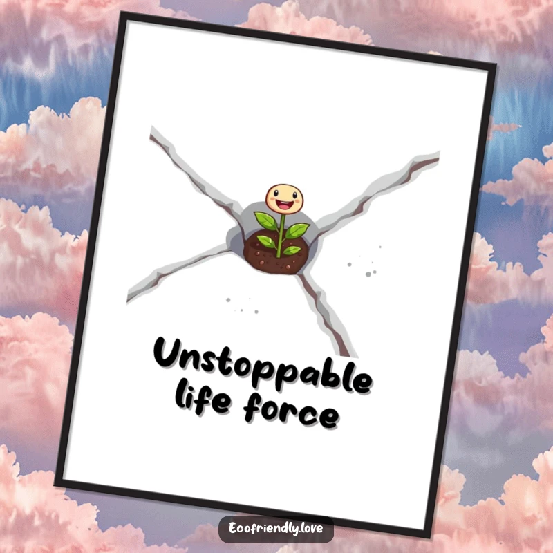 Funny seedling digital art print of a determined sprout breaking concrete, perfect for inspiring wall decor.