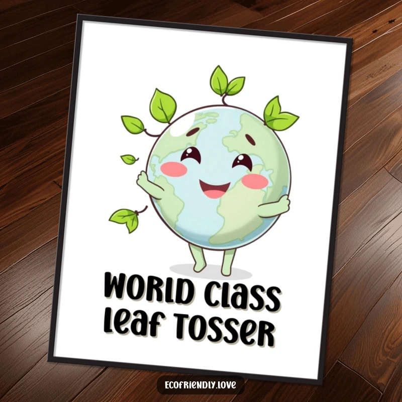 Funny digital art print of a globe character joyfully juggling green leaves, a vibrant and humorous decoration.