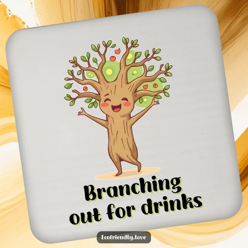 Funny happy tree coaster displaying a cheerful character dancing with branches outstretched, perfect for adding protective, joyful humor.