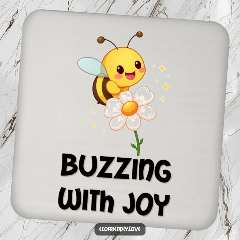 Funny drink coaster featuring a cheerful bee buzzing around a flower, leaving a trail of sparkles.