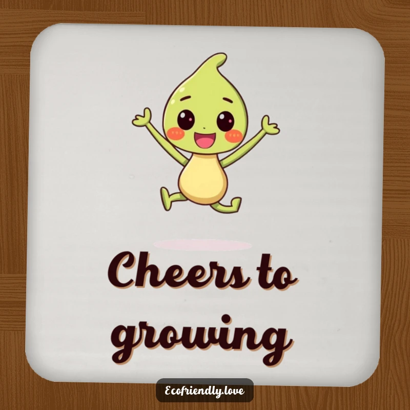 Funny Drink Coaster: A smiling sprout character jumping for joy, adding cheer and protecting surfaces.