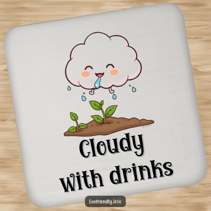 Funny cloud drink coaster featuring a giggling, fluffy cloud character sprinkling water onto a plant, adding gentle humor and surface protection.