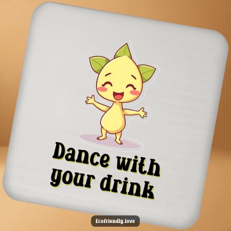 Funny drink coaster featuring a happy sprout character doing an excited dance, adding a joyful and protective element to tables.