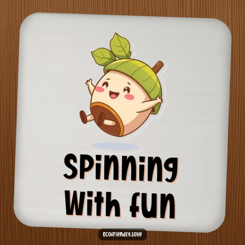 Funny drink coaster featuring a happy acorn character doing a cartwheel, wearing a leaf hat.
