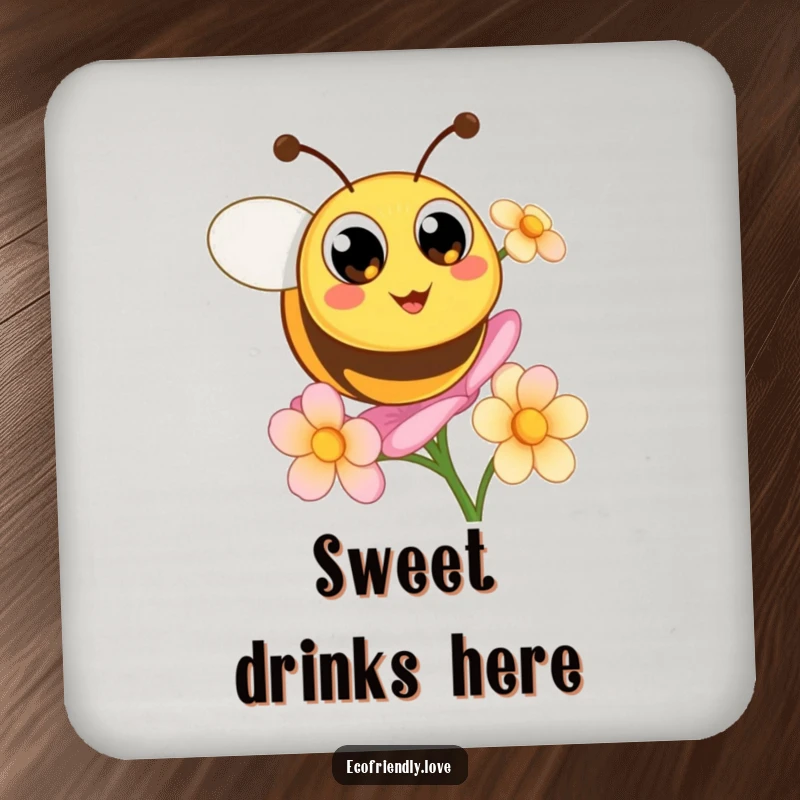 Funny drink coaster featuring a cute, round bee with big happy eyes buzzing around a blooming flower.