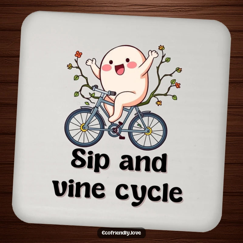 Funny drink coaster with a blob character riding a vine bicycle, adding a humorous and protective touch.