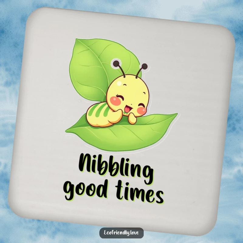 Funny Caterpillar Coasters showing a giddy character munching on a large green leaf, adding playful protection.