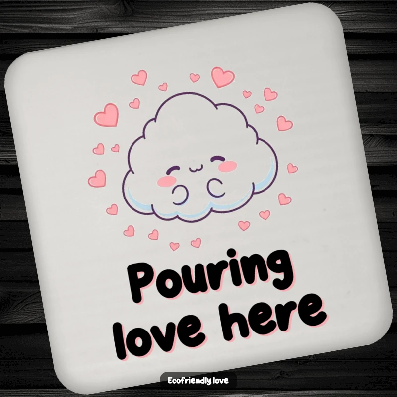 Funny drink coaster with a cloud character raining small hearts. A cute and loving addition to any table.