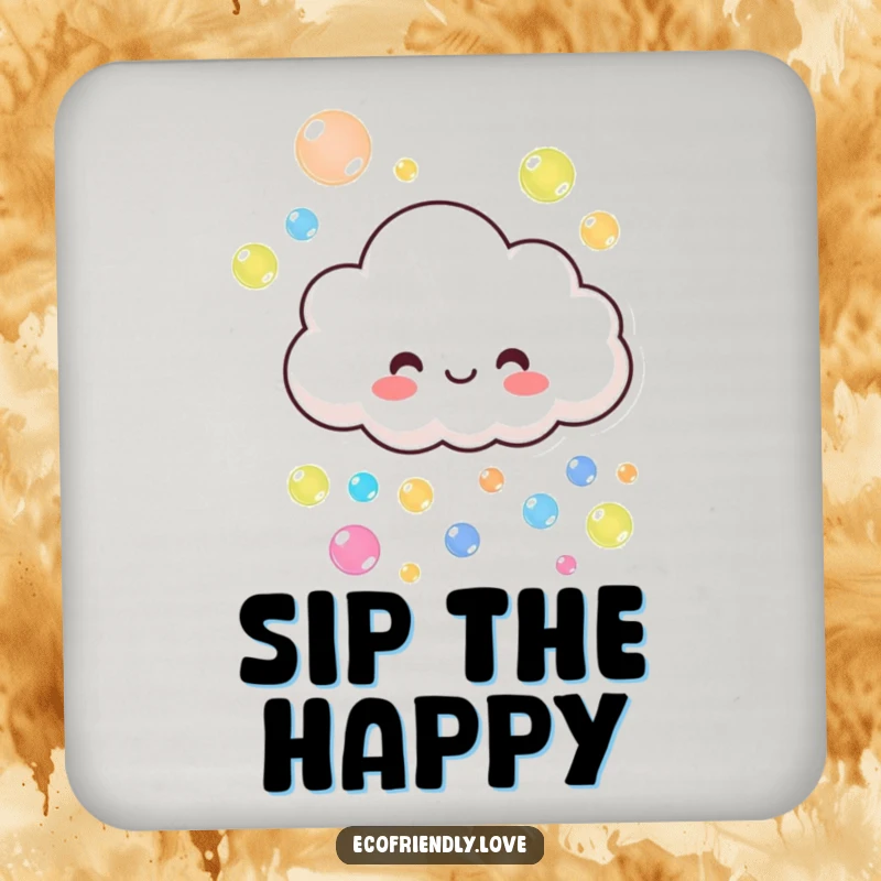 Funny cloud coasters showing a smiling character playfully raining colorful bubbles, a humorous funny gift.
