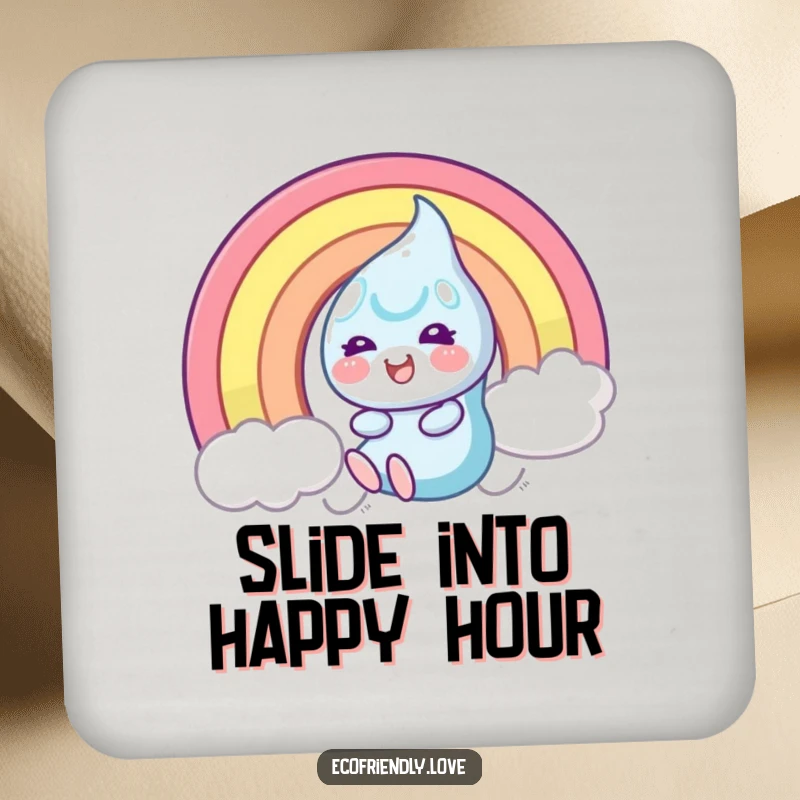 Funny Coaster showcasing a smiling dewdrop character happily sliding down a vibrant rainbow, adding cheerful protection to tables.