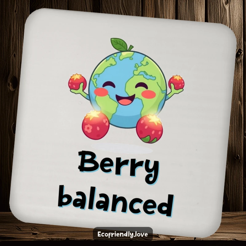 Funny drink coaster featuring a cheerful planet Earth juggling three glowing berries, adding cosmic humor to tabletops.