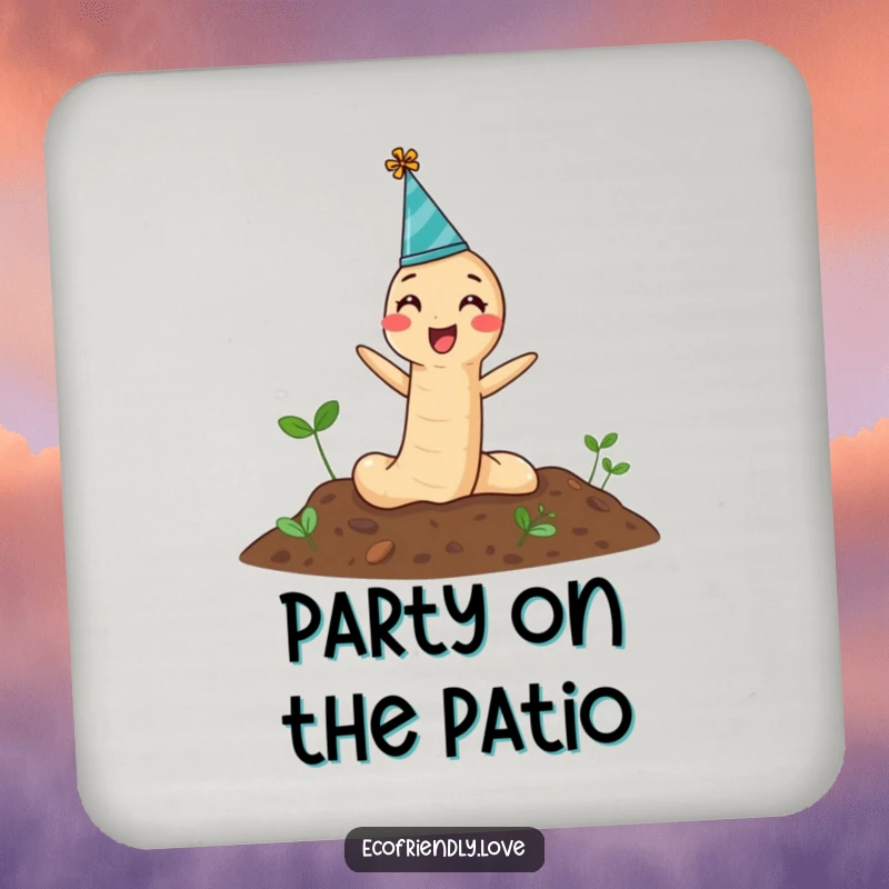 Funny Coaster showing a cheerful earthworm in a party hat emerging from soil, adding a festive touch to tables.