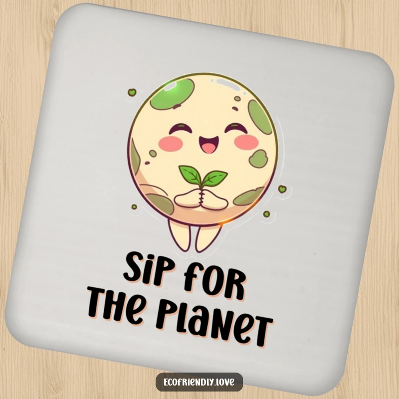 Funny planet drink coaster featuring a smiling cartoon Earth character happily spinning, holding a seedling, protecting surfaces with eco-friendly charm.