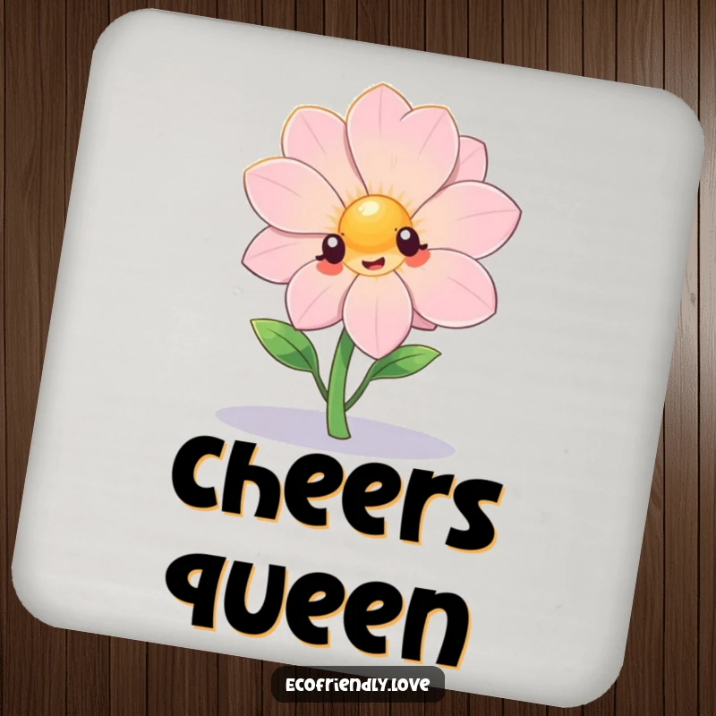 Funny kawaii flower dramatically posing under a spotlight on a drink coaster, a humorous table protector.