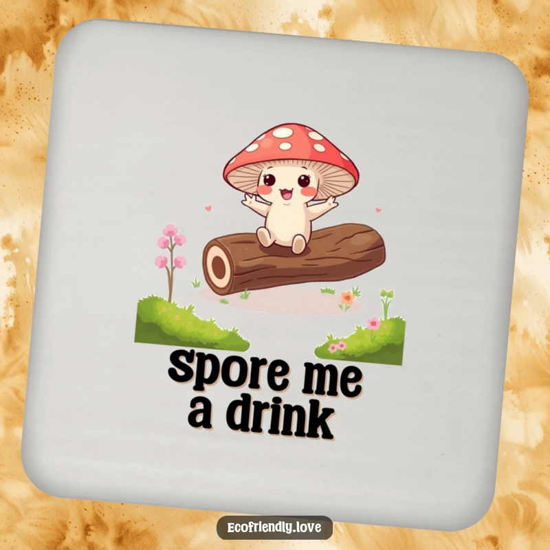 Funny kawaii mushroom doing a jig on a mossy log on a drink coaster, a humorous table protector.