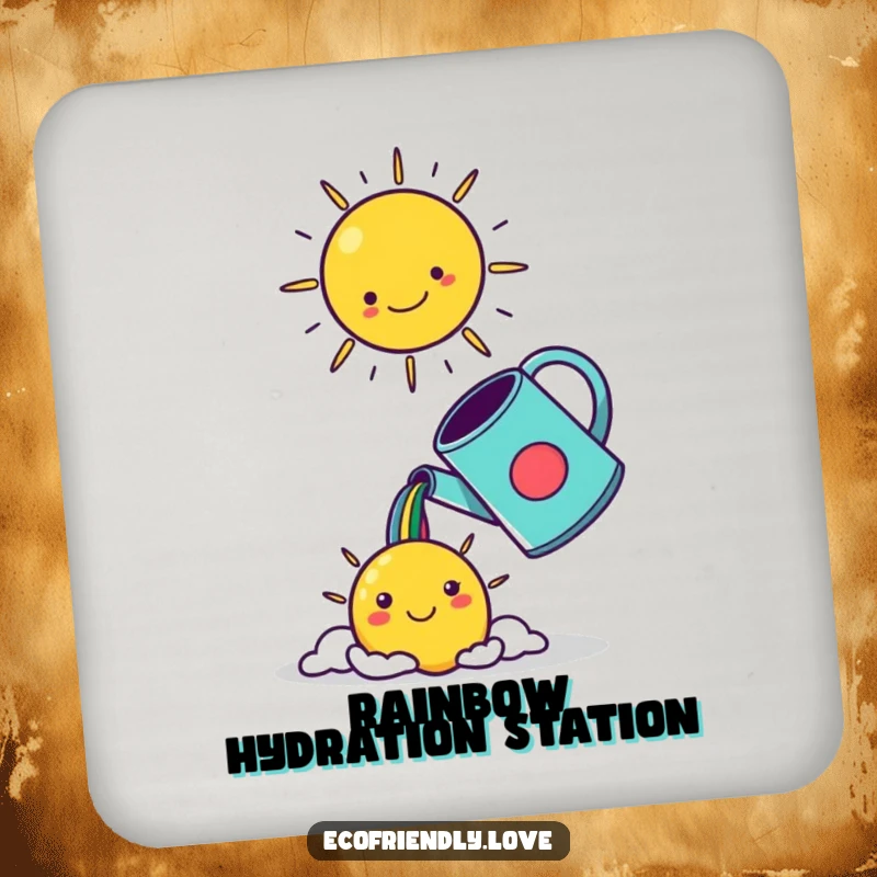 Funny kawaii watering can pouring a rainbow into a smiling sun, featured on a protective and decorative drink coaster.