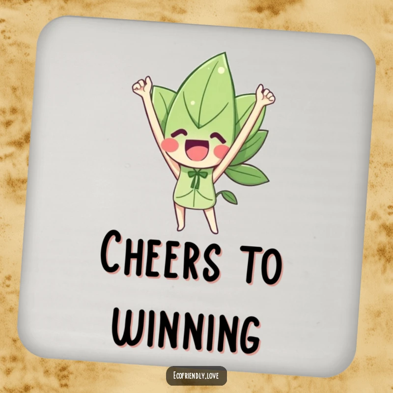 Funny drink coaster with a leaf character triumphantly cheering, adding a celebratory and protective touch.
