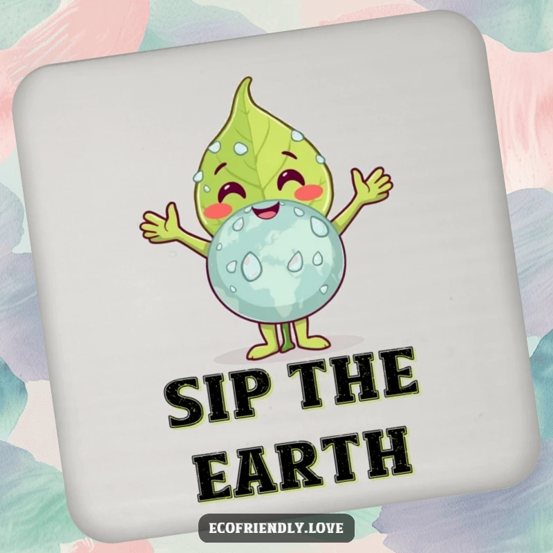 Funny leaf drink coaster featuring a smiling leaf character embracing a dew-covered globe, adding a touch of nature's love and surface protection.
