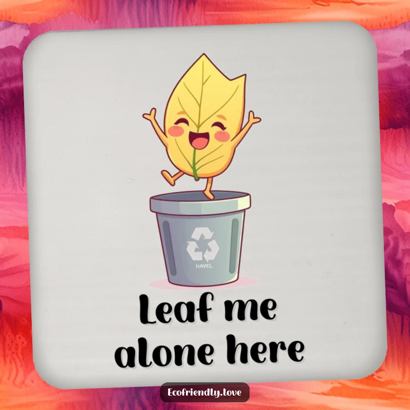 Funny leaf coasters showing a cheerful leaf character joyfully leaping over a recycling bin, a humorous funny gift.