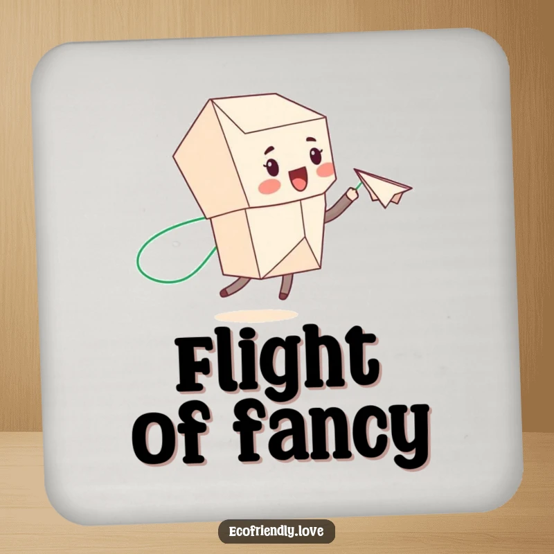 Funny recycled paper character with a green-trail paper airplane on a drink coaster, adding eco-friendly humor to tabletops.