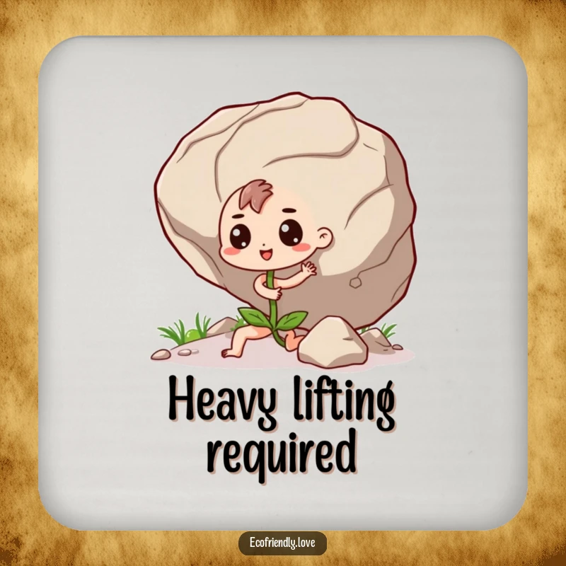 Funny Seedling Coaster: A determined kawaii seedling character humorously pushing a giant boulder, adding motivational humor.