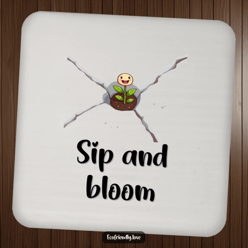 Funny seedling drink coaster showing a sprout pushing through concrete, representing resilience and surface protection.