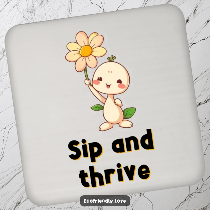 Funny drink coasters with a seedling character proudly holding a blooming flower, perfect for protecting surfaces with natural charm.