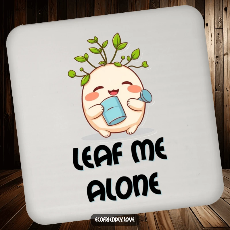 Funny drink coaster with a round, giggling sprout with green leaves holding a watering can, adding humor to tabletops.