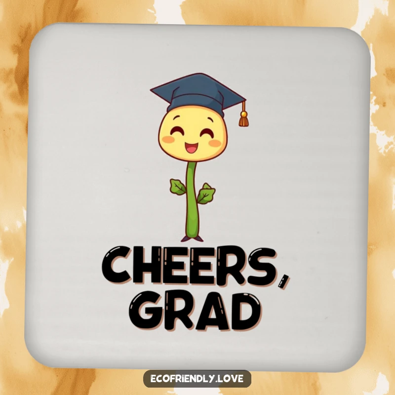 Funny sprout character wearing a graduation cap, standing tall and proud, depicted on a charming and funny drink coaster.