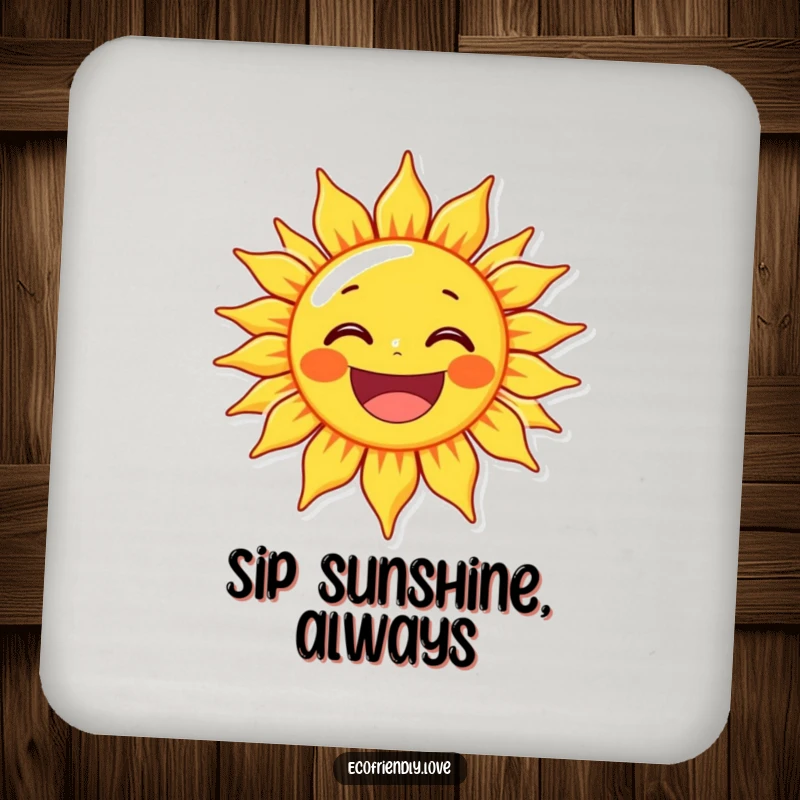Funny sun character beaming with a wide, delighted grin, on a drink coaster for humorous surface protection.