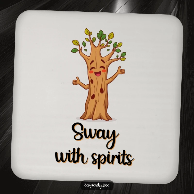 Funny drink coaster with a tree character dancing joyfully, protecting surfaces. A fun and practical gift.