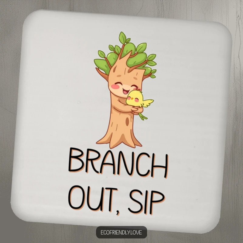 Funny drink coaster with a joyful tree character hugging a small bird, adding a touch of nature-inspired tenderness.