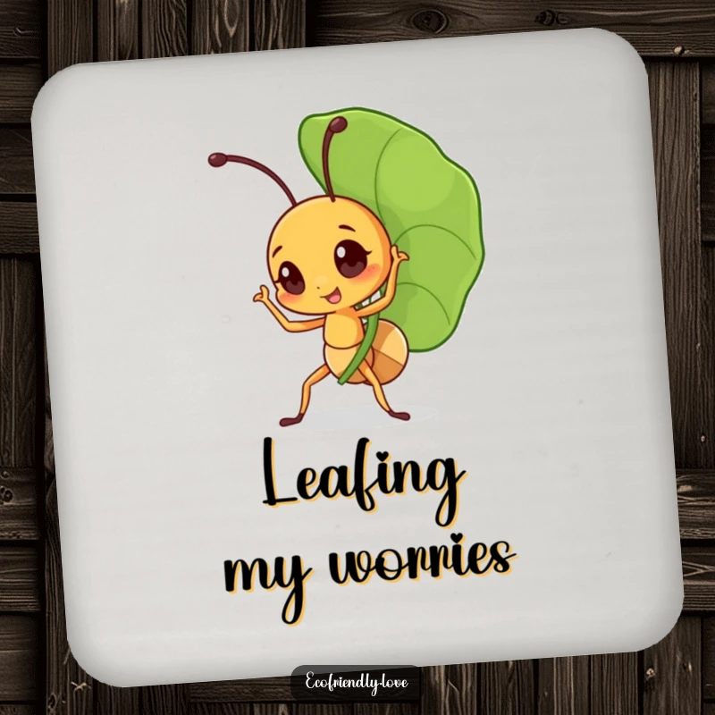 Funny ant coaster displaying a little character triumphantly carrying a large leaf, perfect for adding protective, inspiring humor.
