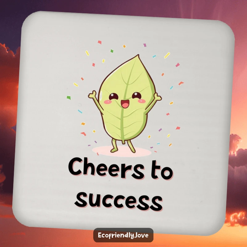 Funny Leaf Coaster: A kawaii leaf character humorously doing a victory dance surrounded by confetti, adding celebratory humor.