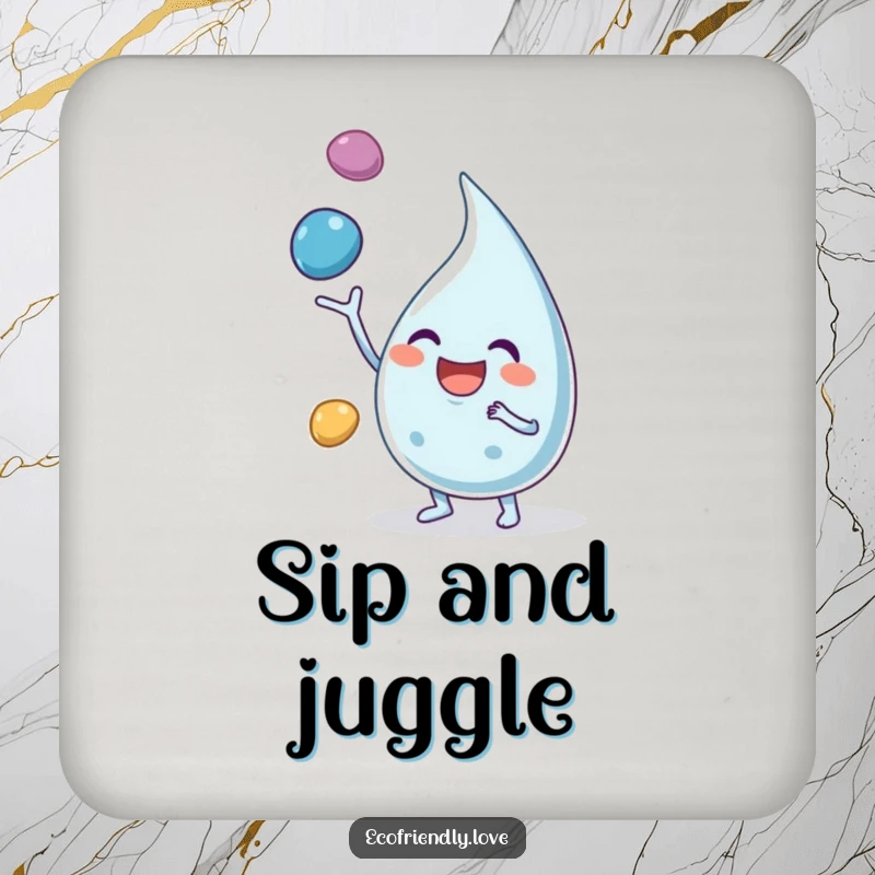 Funny coaster featuring a happy water droplet character juggling pebbles, protecting furniture with playful energy.