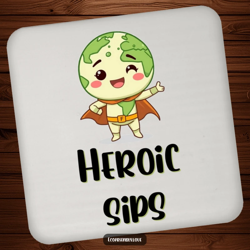 Funny Earth character with a wide grin doing a superhero pose with a cape, depicted on a charming and funny drink coaster.