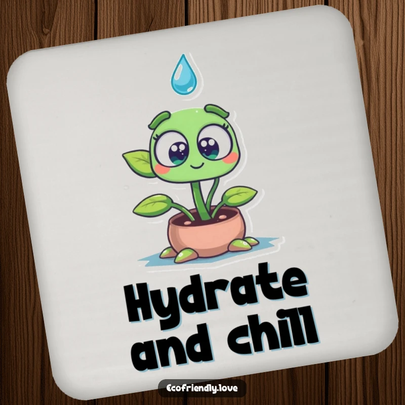 Funny drink coaster featuring a wide-eyed plant seedling character absorbing a water drop, adding a touch of gentle humor and protection to surfaces.