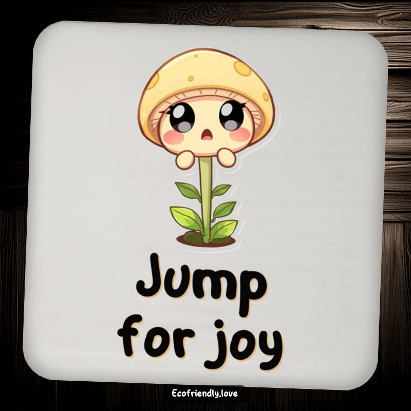 Funny drink coaster with a surprised mushroom character jumping over a sprout, adding a humorous touch to any table.