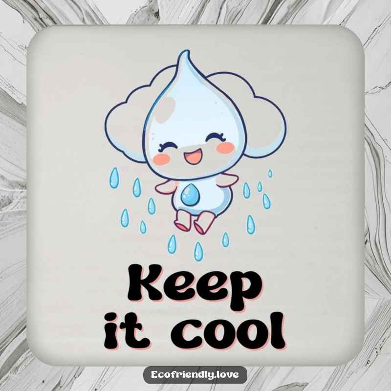 Funny Coaster: A water droplet character gleefully slides down a rain cloud, protecting surfaces with refreshment and humor, a cute funny gift.