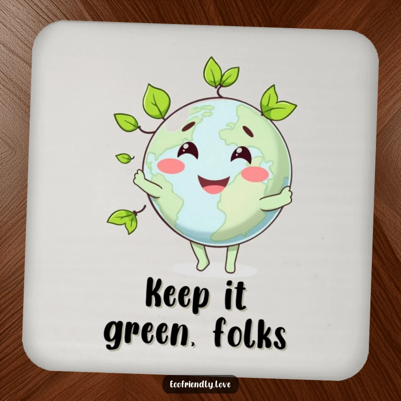 Funny drink coaster with a smiling globe character juggling leaves, protecting furniture with a smile.