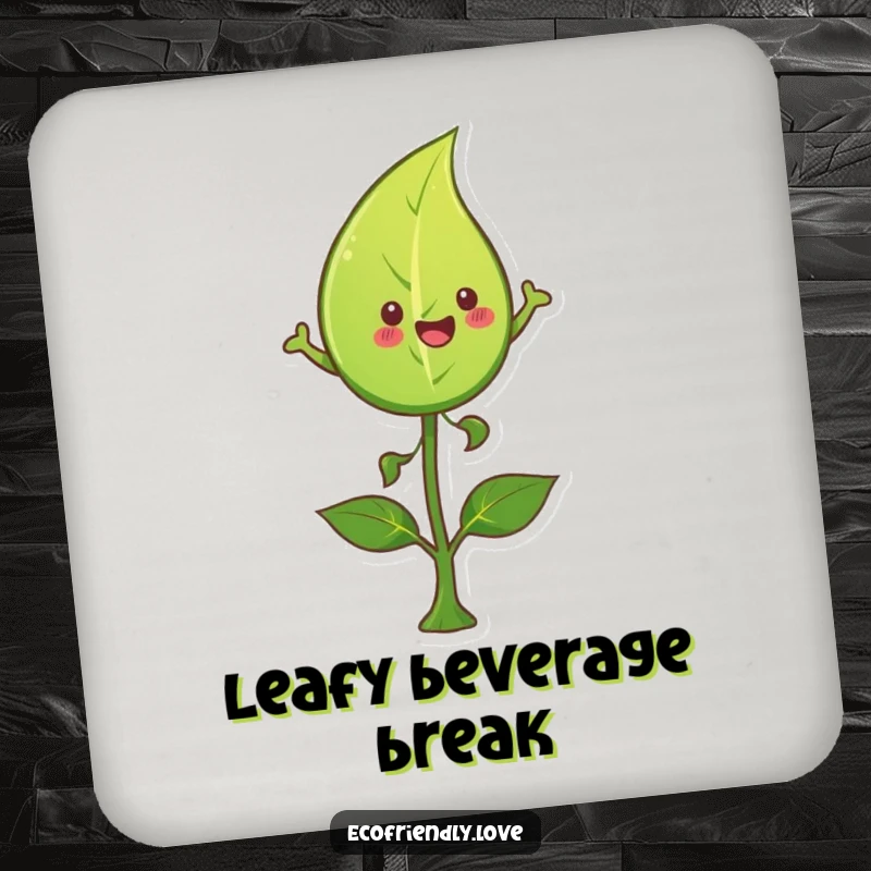 Funny leaf coasters showcasing a happy character leaping over a sprout, providing surface protection with a cheerful natural theme.