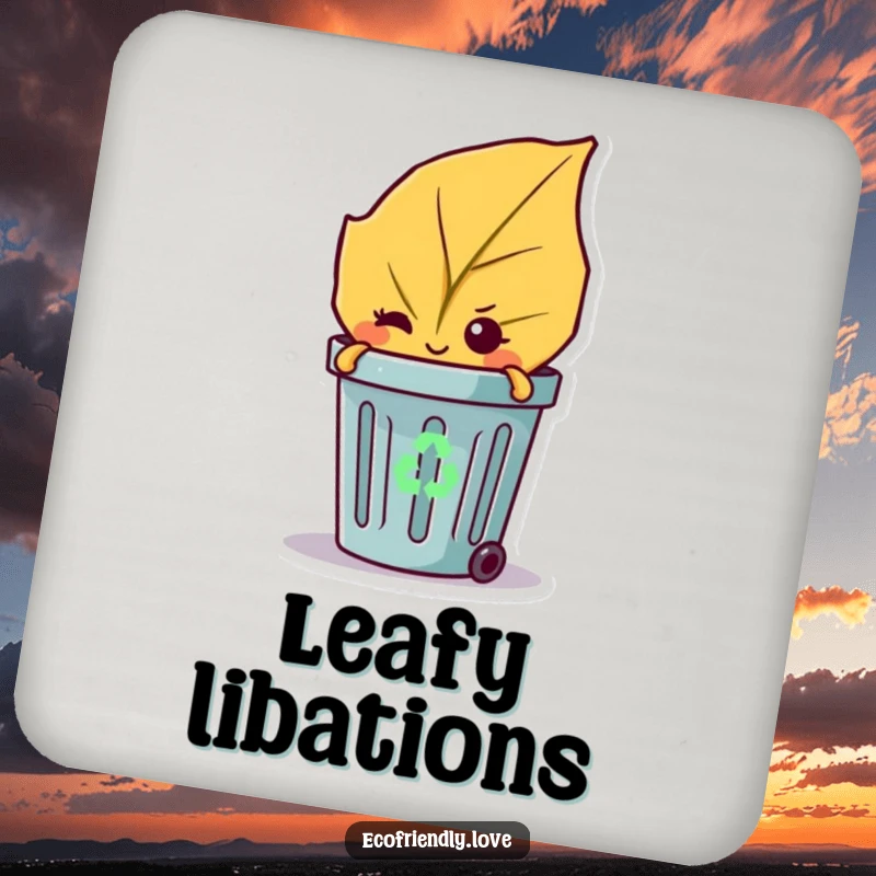 Funny coaster with a mischievous leaf character winking from behind a recycling bin, protecting furniture.