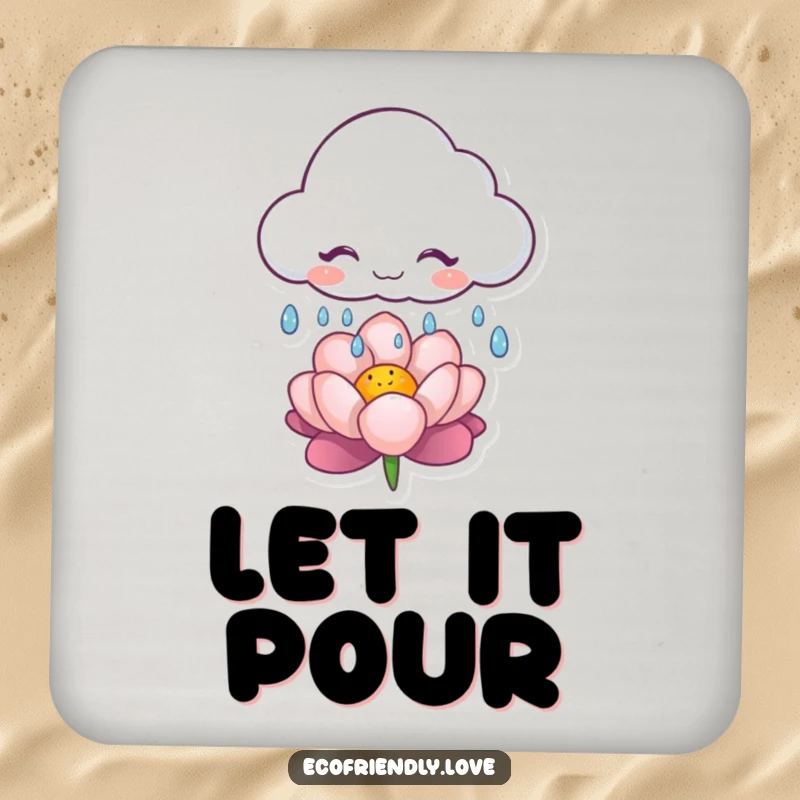Funny drink coaster with a giggling cloud character releasing gentle raindrops on a flower, adding a whimsical touch.