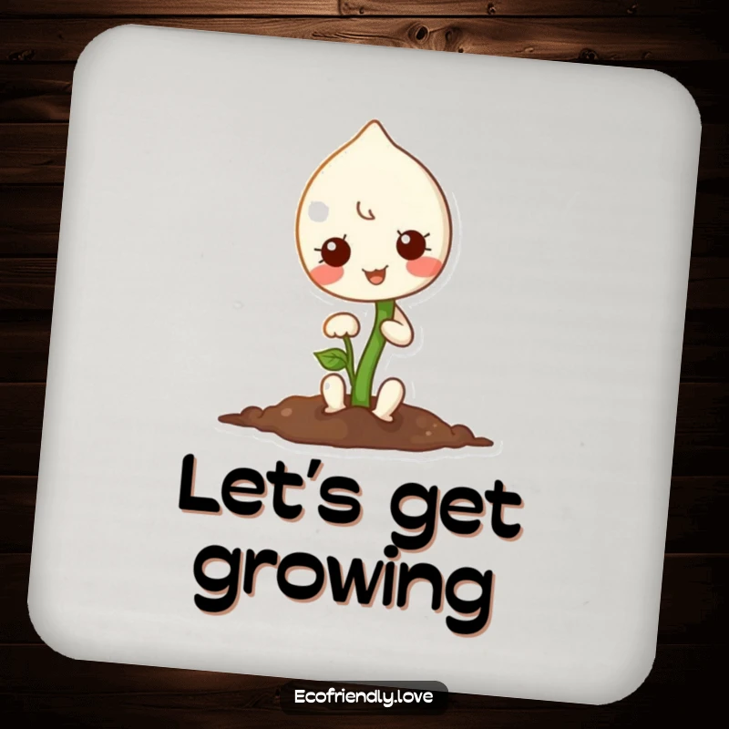 Funny drink coaster featuring a kawaii sprout planting a seed, adding a cute and protective touch.