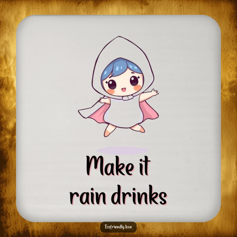 Funny drink coaster featuring a playful raindrop character in a heroic leap, cape flying, adding a touch of whimsical protection to surfaces.