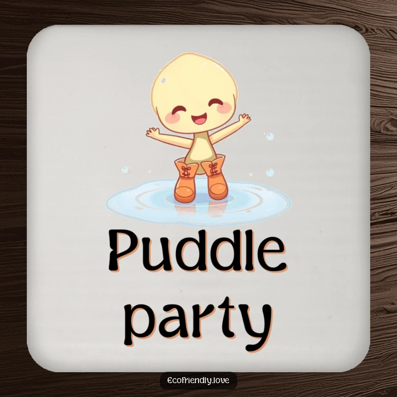 Funny drink coaster showcasing a smiling, plump sprout in tiny boots dancing in a sparkling puddle, adding playful humor.