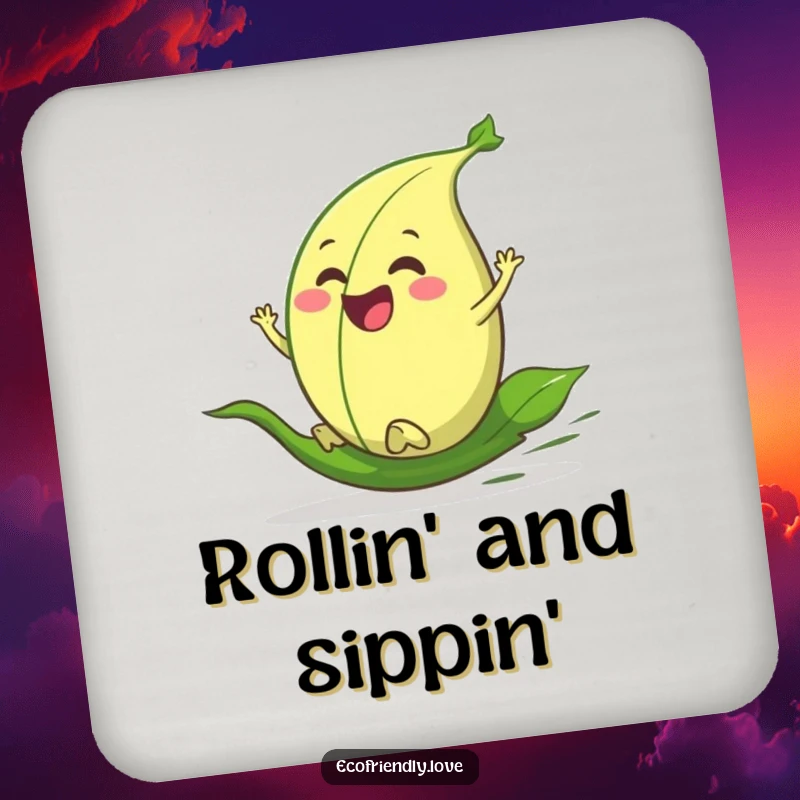 Funny drink coaster depicting a happy leaf character in full roll down a hill, adding a playful touch to any table.