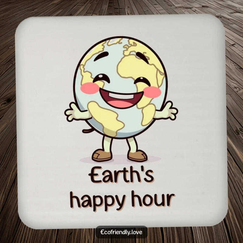 Funny dancing Earth coasters with a goofy grin, doing a silly jig, protect surfaces with fun, a cute funny gift.