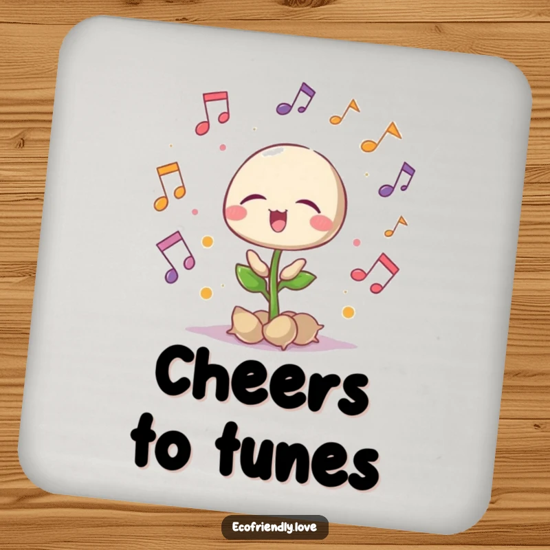Funny singing seedling coasters with musical notes, eyes closed in delight, protect surfaces with music, a cute funny gift.