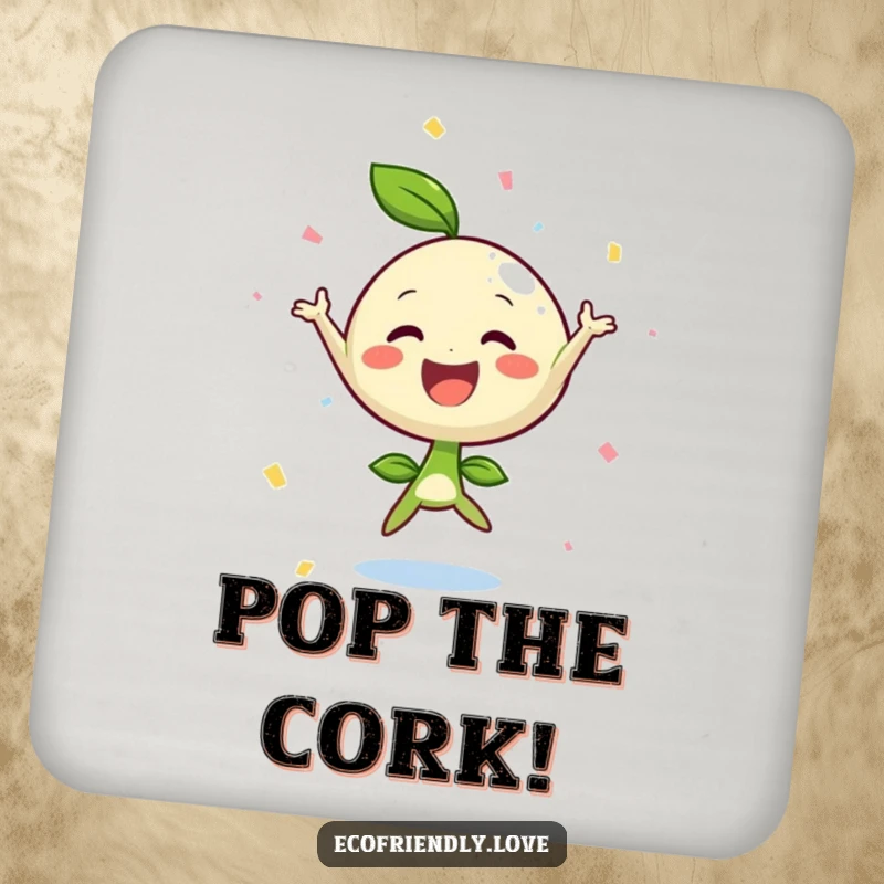 Funny sprout jumping joy coasters, protecting surfaces with a smile and confetti, a cute funny gift.